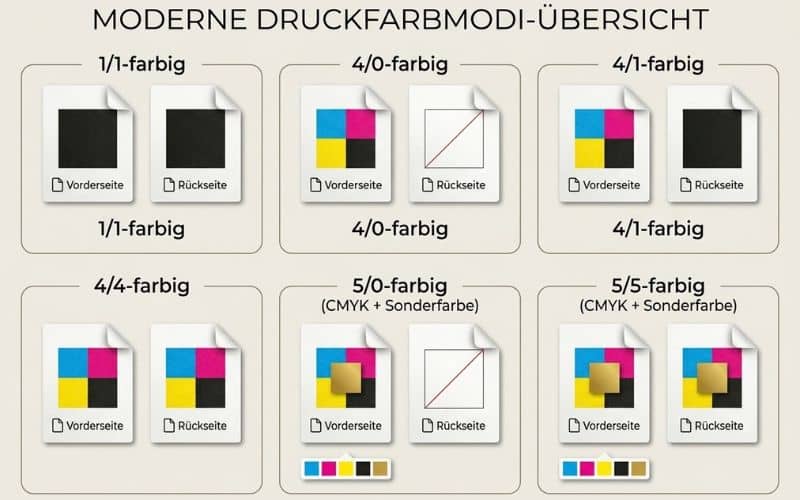 Vergleich von 1/1-farbig, 4/0-farbig, 4/1-farbig und 4/4-farbig anhand von Vorderseite und Rueckseite