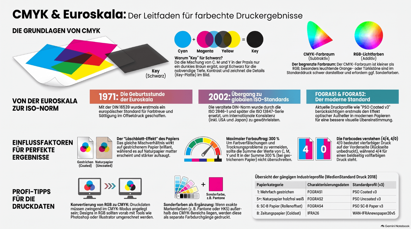 Infografik zu CMYK und Euroskala: Farbmischung aus Cyan, Magenta, Yellow und Key, Zeitleiste von der DIN 16539 bis zu aktuellen FOGRA Druckprofilen sowie Hinweise zu Papierarten, Farbauftrag und Sonderfarben