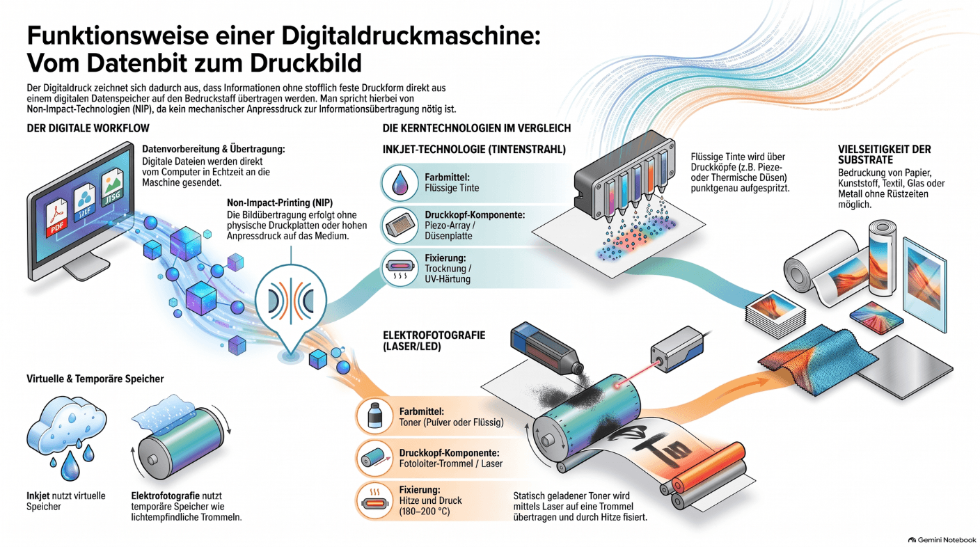 Funktionsweise einer Digitaldruckmaschine mit Laser Imager, Fotobelichtungszylinder, Farbwalzen, Gummituchzylinder und Gegendruckzylinder