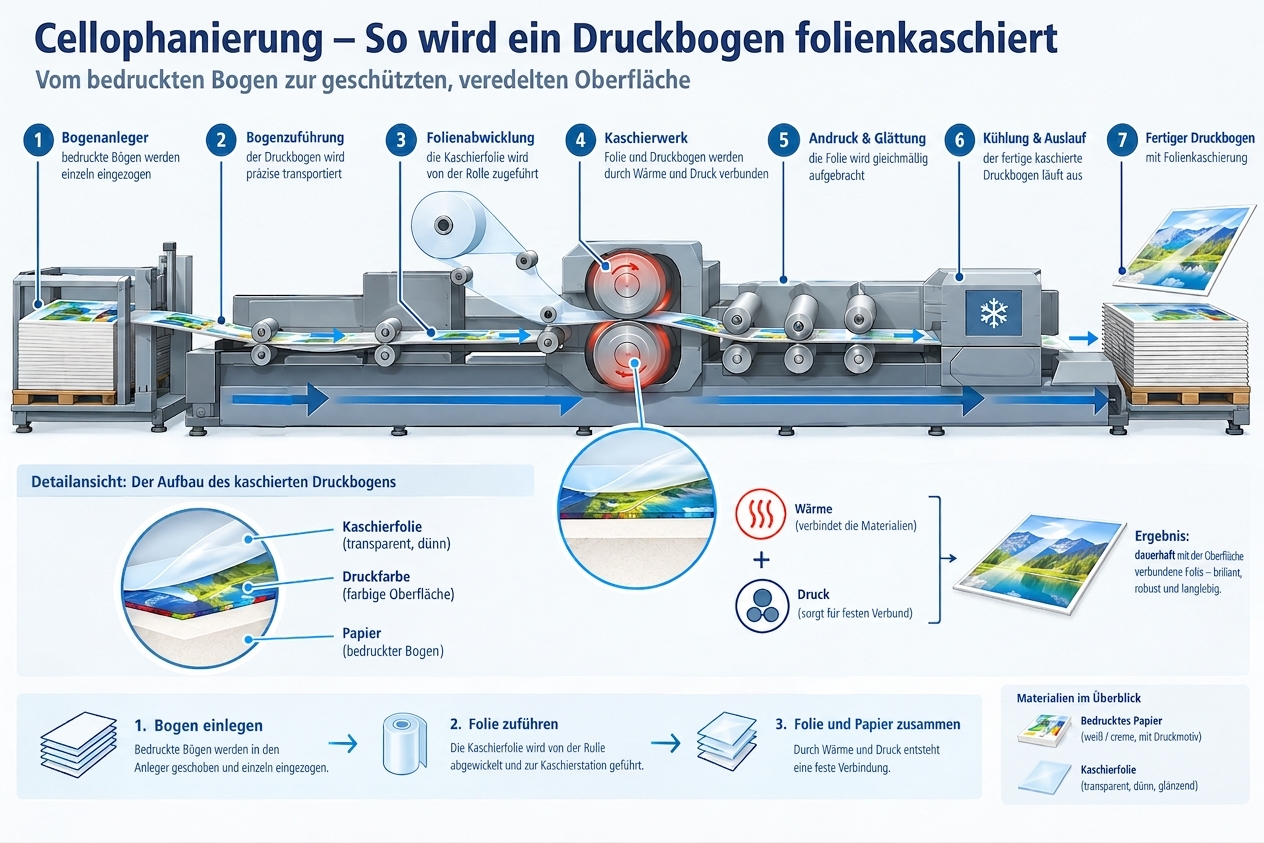 Vergleich verschiedener Kaschierarten wie Matt, Glanz und Softtouch