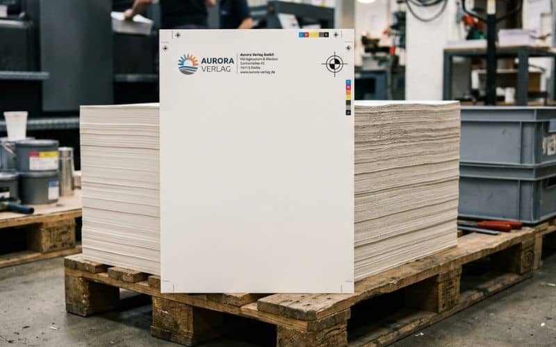 Frisch bedruckter Briefbogen auf einem Stapel in der Druckerei, oben mit Farbkontrollleiste und einem Passkreuz in der Ecke
